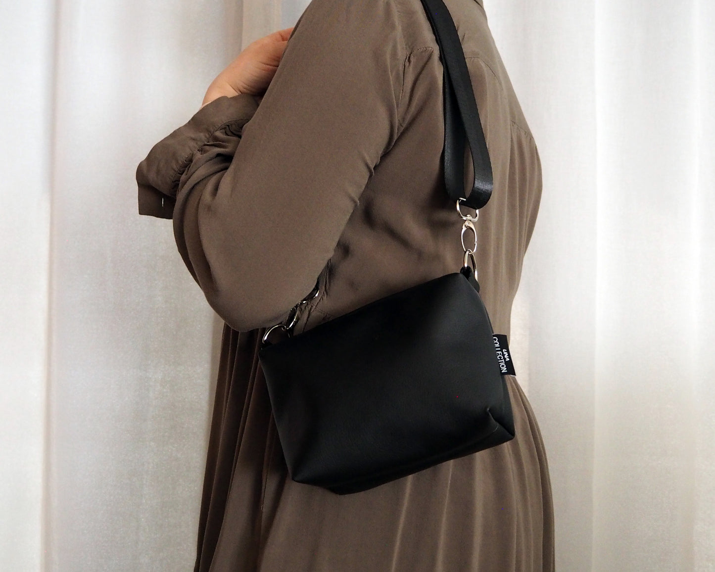 OLGA-crossbodylaukku musta keinonahka laukku una collection kierrätetty ylijäämä keinonahka